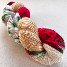 Load image into Gallery viewer, OOAK Variant of It’s Beginning to Look a Lot Like Christmas (Trial 11) Hand Dyed Merino Wool and Recycled Nylon Superwash Sock/Fingering Yarn