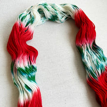 Load image into Gallery viewer, OOAK Variant of It’s Beginning to Look a Lot Like Christmas (Trial 16) Hand Dyed Merino Wool, Cashmere and Nylon Superwash Sock/Fingering Yarn