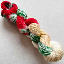 Load image into Gallery viewer, OOAK Variant of It’s Beginning to Look a Lot Like Christmas (Trial 17) Hand Dyed Merino Wool, Cashmere and Nylon Superwash Sock/Fingering Yarn