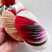 Load image into Gallery viewer, OOAK Variant of It’s Beginning to Look a Lot Like Christmas (Trial 11) Hand Dyed Merino Wool and Recycled Nylon Superwash Sock/Fingering Yarn
