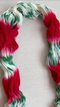 Load and play video in Gallery viewer, OOAK Variant of It’s Beginning to Look a Lot Like Christmas (Trial 16) Hand Dyed Merino Wool, Cashmere and Nylon Superwash Sock/Fingering Yarn
