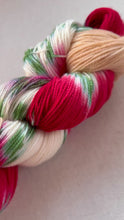 Load and play video in Gallery viewer, OOAK Variant of It’s Beginning to Look a Lot Like Christmas (Trial 11) Hand Dyed Merino Wool and Recycled Nylon Superwash Sock/Fingering Yarn
