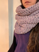Load image into Gallery viewer, Never Tear Us Apart Cozy Handmade Cowl Hood in Purple Twist