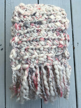 Load image into Gallery viewer, Fourth Time Around Chunky Handmade Scarf in White with Grey and Rasberry Speckles