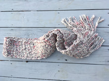 Load image into Gallery viewer, Fourth Time Around Chunky Handmade Scarf in White with Grey and Rasberry Speckles