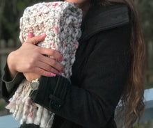 Load image into Gallery viewer, Fourth Time Around Chunky Handmade Scarf in White with Grey and Rasberry Speckles