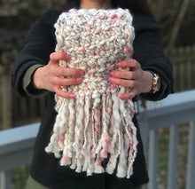 Load image into Gallery viewer, Fourth Time Around Chunky Handmade Scarf in White with Grey and Rasberry Speckles