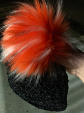 Load image into Gallery viewer, She Smiled Sweetly Handmade Velvet Beanie - Black with Red, White and Black Faux Fur Pom Pom