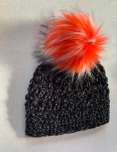 Load image into Gallery viewer, She Smiled Sweetly Handmade Velvet Beanie - Black with Red, White and Black Faux Fur Pom Pom