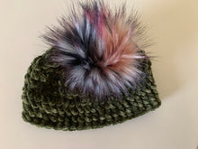 Load image into Gallery viewer, She Smiled Sweetly Handmade Velvet Beanie - Olive Green with Faux Fur Dragonfruit Pom Pom