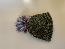 Load image into Gallery viewer, She Smiled Sweetly Handmade Velvet Beanie - Olive Green with Faux Fur Dragonfruit Pom Pom