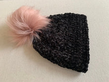 Load image into Gallery viewer, She Smiled Sweetly Handmade Velvet Beanie in Black with Blush Faux Fur Pom Pom