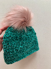 Load image into Gallery viewer, She Smiled Sweetly Handmade Velvet Beanie - Pagoda with Blush Faux Fur Pom Pom