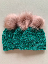 Load image into Gallery viewer, She Smiled Sweetly Handmade Velvet Beanie - Pagoda with Blush Faux Fur Pom Pom
