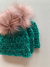 Load image into Gallery viewer, She Smiled Sweetly Handmade Velvet Beanie - Pagoda with Blush Faux Fur Pom Pom