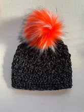 Load image into Gallery viewer, She Smiled Sweetly Handmade Velvet Beanie - Black with Red, White and Black Faux Fur Pom Pom