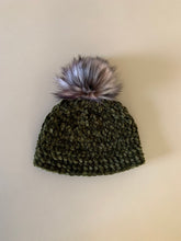 Load image into Gallery viewer, She Smiled Sweetly Handmade Velvet Beanie - Olive Green with Faux Fur Dragonfruit Pom Pom