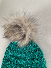 Load image into Gallery viewer, She Smiled Sweetly Handmade Velvet Beanie in Black with Blush Pom Pom