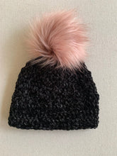 Load image into Gallery viewer, She Smiled Sweetly Handmade Velvet Beanie in Black with Blush Faux Fur Pom Pom