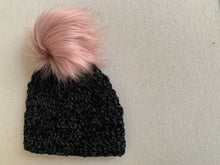 Load image into Gallery viewer, She Smiled Sweetly Handmade Velvet Beanie in Black with Blush Faux Fur Pom Pom
