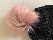 Load image into Gallery viewer, She Smiled Sweetly Handmade Velvet Beanie in Black with Blush Faux Fur Pom Pom