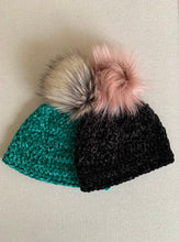 Load image into Gallery viewer, She Smiled Sweetly Handmade Velvet Beanie in Black with Blush Faux Fur Pom Pom