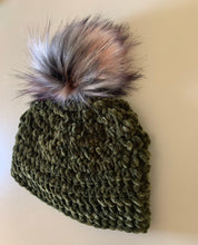 Load image into Gallery viewer, She Smiled Sweetly Handmade Velvet Beanie - Olive Green with Faux Fur Dragonfruit Pom Pom