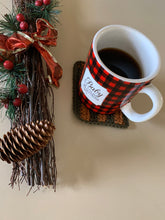 Load image into Gallery viewer, Handmade Cotton Mug Rug in Pine with Camel Stripes