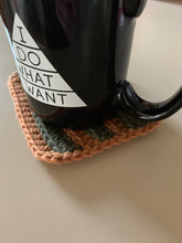 Load image into Gallery viewer, Handmade Cotton Mug Rug in Camel with Pine Stripes