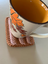 Load image into Gallery viewer, Handmade Cotton Mug Rug in Camel with Blush Stripes