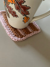 Load image into Gallery viewer, Handmade Cotton Mug Rug in Blush with Camel Stripes