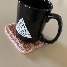 Load image into Gallery viewer, Handmade Cotton Mug Rug in Blush with Camel Stripes