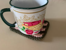 Load image into Gallery viewer, Handmade Cotton Mug Rug in Pine with Blush Stripes