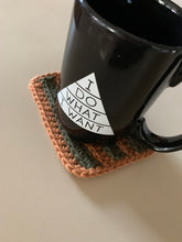 Load image into Gallery viewer, Handmade Cotton Mug Rug in Camel with Pine Stripes