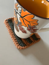 Load image into Gallery viewer, Handmade Cotton Mug Rug in Camel with Pine Stripes
