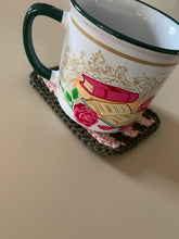 Load image into Gallery viewer, Handmade Cotton Mug Rug in Pine with Blush Stripes