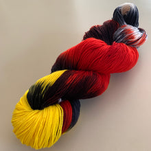 Load image into Gallery viewer, OOAK Variant (Trial 3) of Hellfire Club Hand Dyed Superwash Merino Wool and Recycled Nylon Sock Yarn