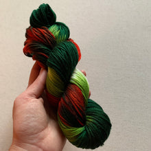 Load image into Gallery viewer, OOAK Variant (Trial 3) of Mistletoe and Holly Hand Dyed 100% Merino Wool Superwash DK Yarn