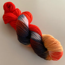 Load image into Gallery viewer, OOAK Variant (Trial 4) of Hellfire Club Hand Dyed Superwash Merino Wool and Recycled Nylon Sock Yarn