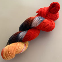 Load image into Gallery viewer, OOAK Variant (Trial 4) of Hellfire Club Hand Dyed Superwash Merino Wool and Recycled Nylon Sock Yarn