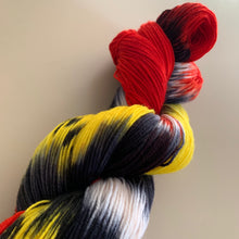 Load image into Gallery viewer, OOAK Variant (Trial 3) of Hellfire Club Hand Dyed Superwash Merino Wool and Recycled Nylon Sock Yarn