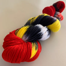 Load image into Gallery viewer, OOAK Variant (Trial 3) of Hellfire Club Hand Dyed Superwash Merino Wool and Recycled Nylon Sock Yarn