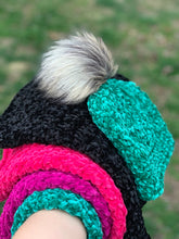 Load image into Gallery viewer, She Smiled Sweetly Handmade Velvet Beanie in Black with Blush Pom Pom
