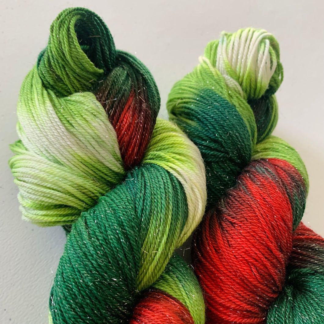 Mistletoe and Holly Hand Dyed Sparkly Superwash Merino Wool & Nylon Sock Yarn