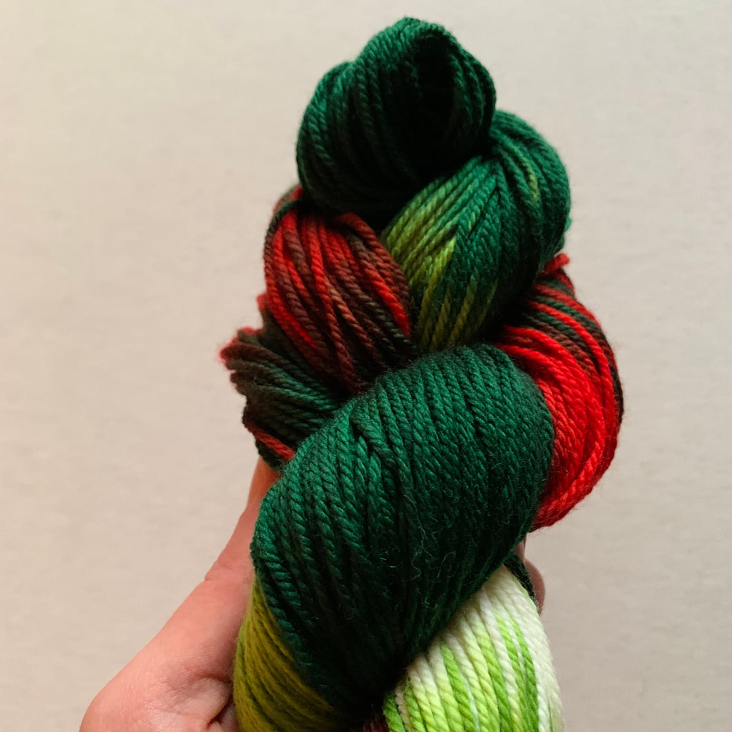 OOAK Variant (Trial 3) of Mistletoe and Holly Hand Dyed 100% Merino Wool Superwash DK Yarn