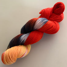 Load image into Gallery viewer, OOAK Variant (Trial 4) of Hellfire Club Hand Dyed Superwash Merino Wool and Recycled  Nylon Sock Yarn
